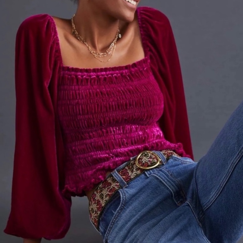 Anthropologie Crushed Velvet Puff Sleeve Blouse